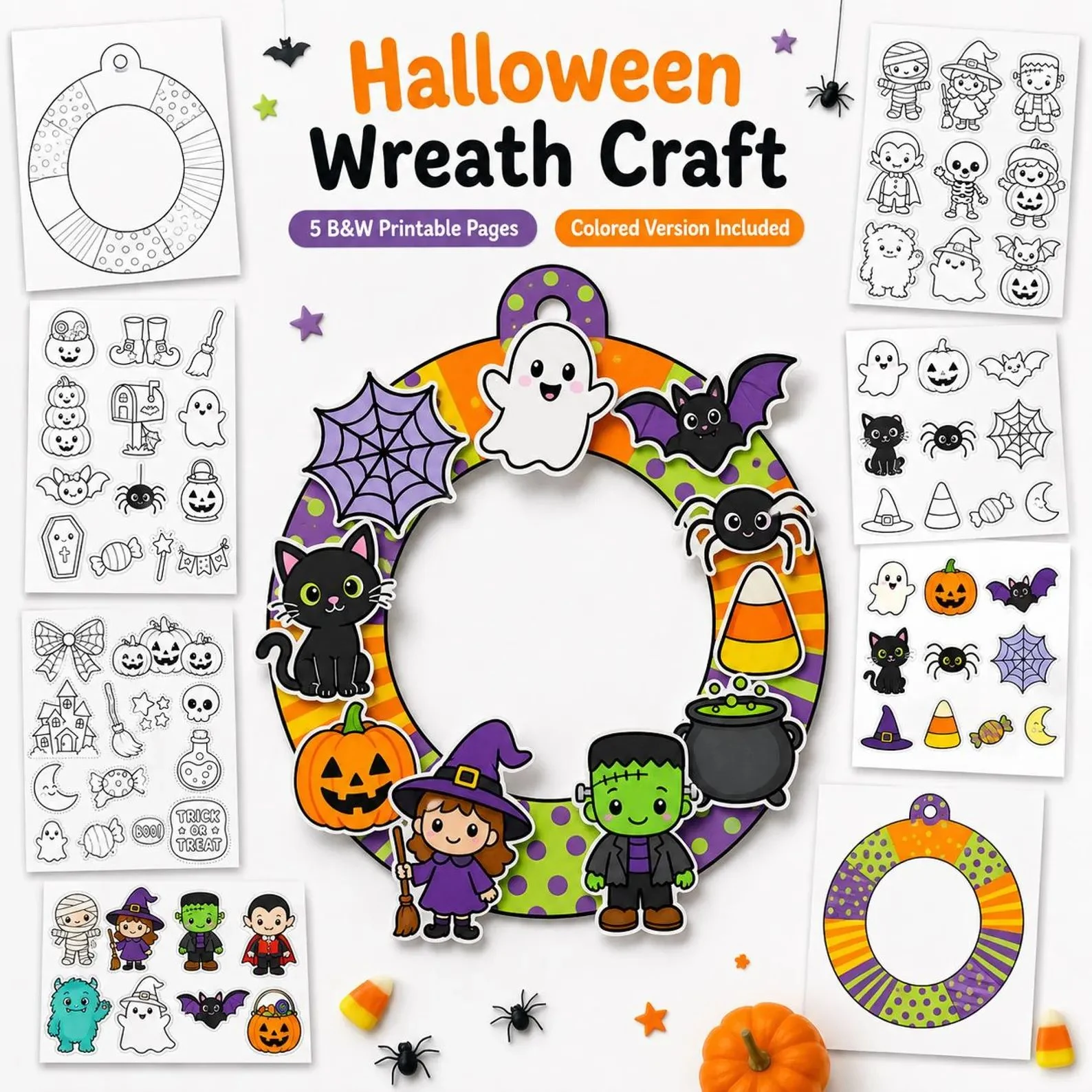 Colorful paper Halloween wreath with cutout ghosts, bats, and pumpkins