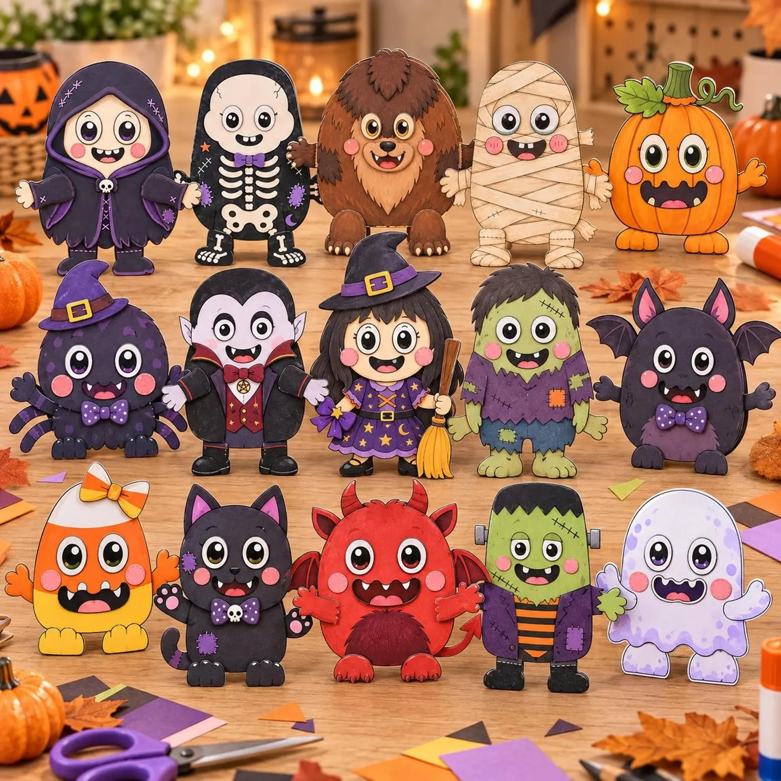 Halloween monster paper craft characters to color, cut, and assemble