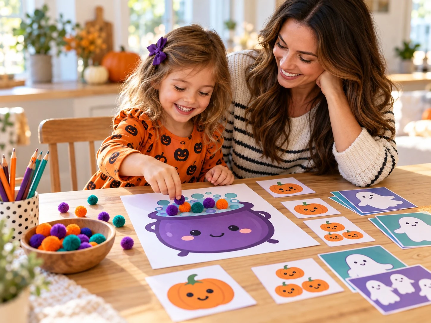 A mother and child playing a Halloween counting activity together
