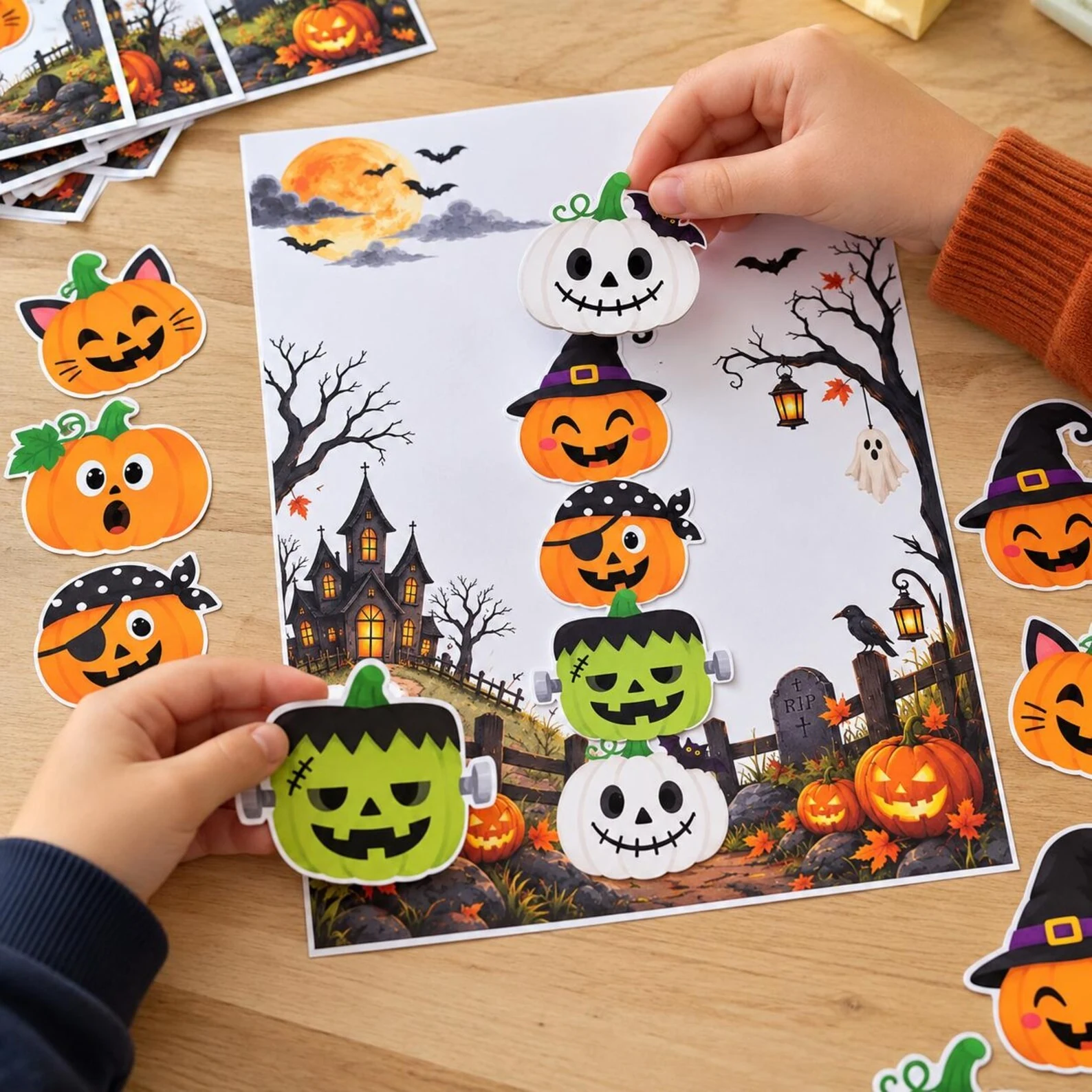 Halloween pumpkin matching activity with paper pieces and example cards